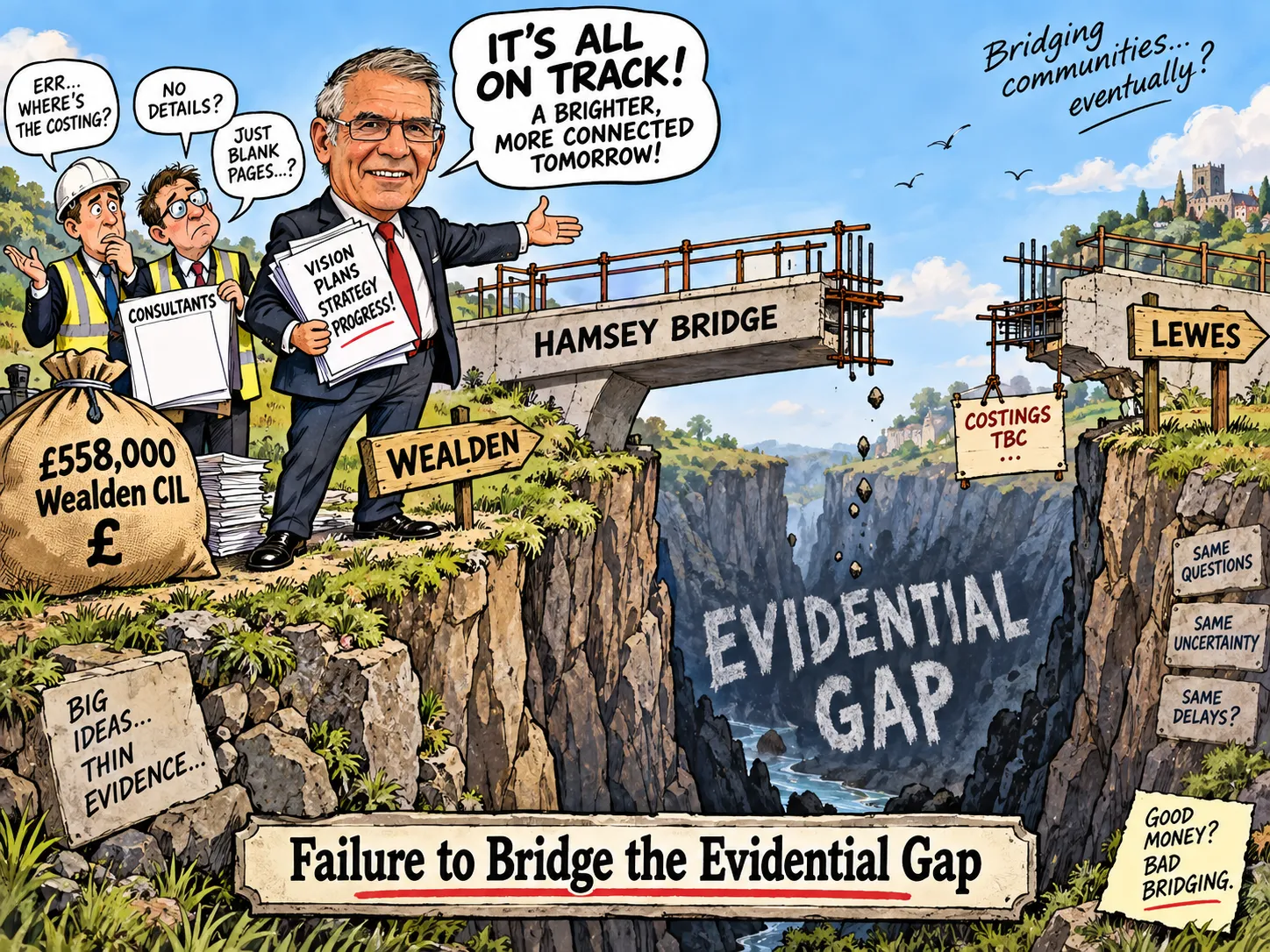 Editorial cartoon showing a smiling council-leader figure in a suit declaring 'It's all on track! A brighter, more connected tomorrow!' beside an unfinished concrete bridge, labelled Hamsey Bridge, spanning a canyon labelled 'Evidential Gap' between signposts for Wealden and Lewes. Hi-vis-jacketed figures beside a sack labelled '£558,000 Wealden CIL' ask 'Where's the costing?' and 'No details?', a sign on the Lewes side reads 'Costings TBC', and captions read 'Big ideas... thin evidence', 'Same questions, same uncertainty, same delays?', 'Good money? Bad bridging' and 'Failure to Bridge the Evidential Gap'.