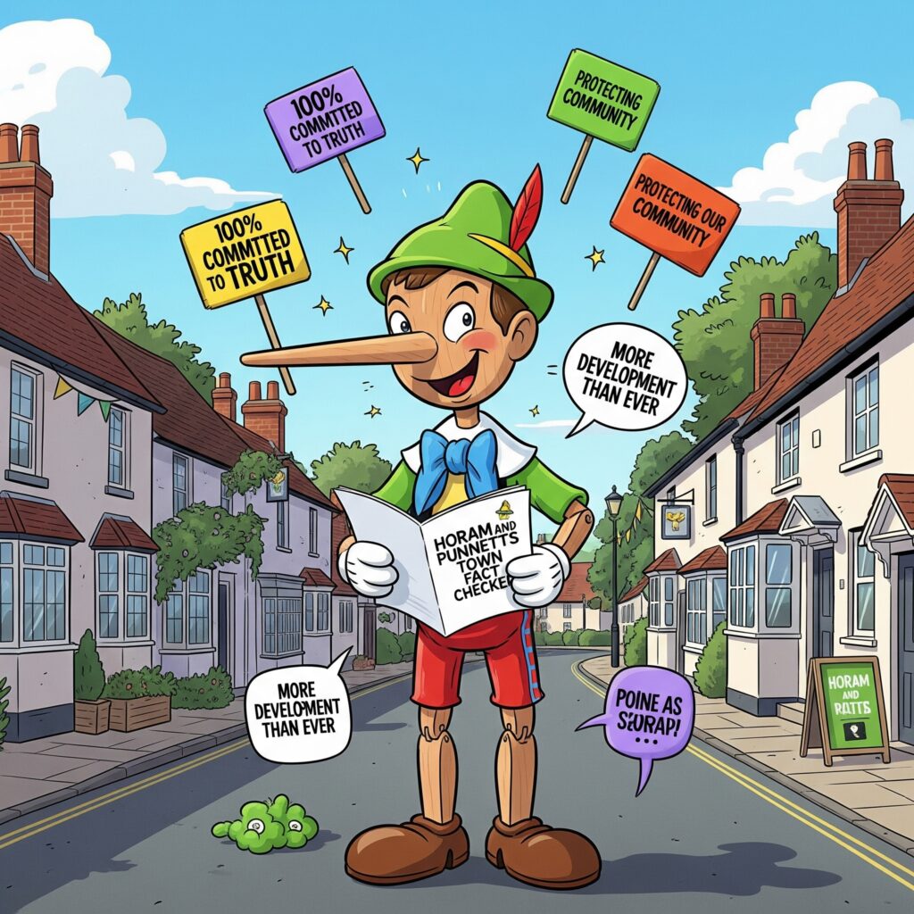 Illustrative graphic depicting a Green Party figure with an exaggerated nose, in the style of Pinocchio, accompanying the post's criticism of the party's leaflet claims.