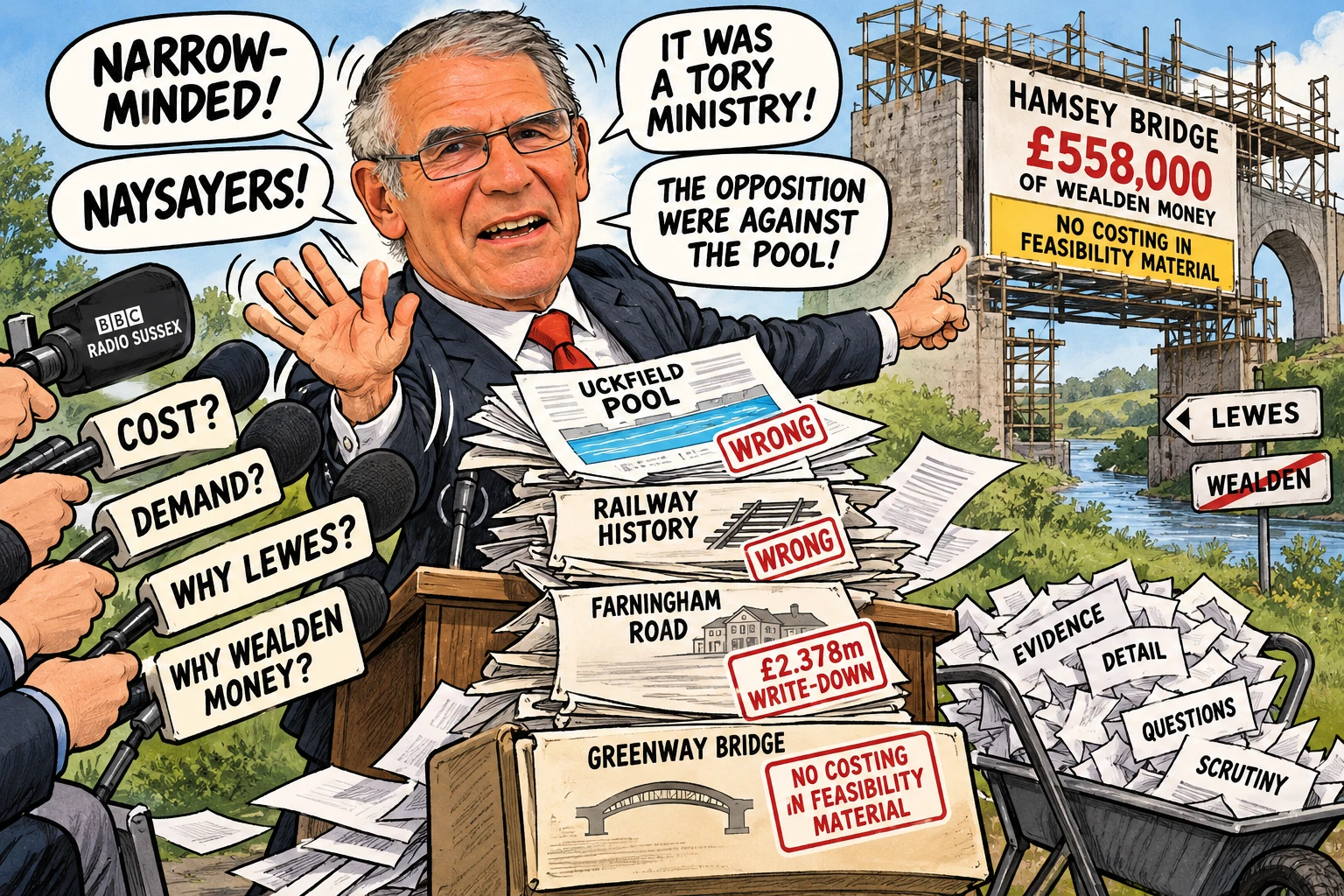 Editorial cartoon of a suited councillor at a lectern gesturing at reporters, with speech bubbles reading 'Narrow-minded!', 'Naysayers!', 'It was a Tory ministry!' and 'The opposition were against the pool!'. Microphones, including a BBC Radio Sussex microphone, carry the questions 'Cost?', 'Demand?', 'Why Lewes?' and 'Why Wealden money?'. The lectern is piled with papers marked 'Uckfield Pool - Wrong', 'Railway History - Wrong', 'Farningham Road - £2.378m write-down' and 'Greenway Bridge - No costing in feasibility material'. Behind is a scaffolded Hamsey Bridge beside a sign reading '£558,000 of Wealden money - No costing in feasibility material', with signposts for Lewes and Wealden, and a wheelbarrow of papers labelled 'Evidence', 'Detail', 'Questions' and 'Scrutiny'.